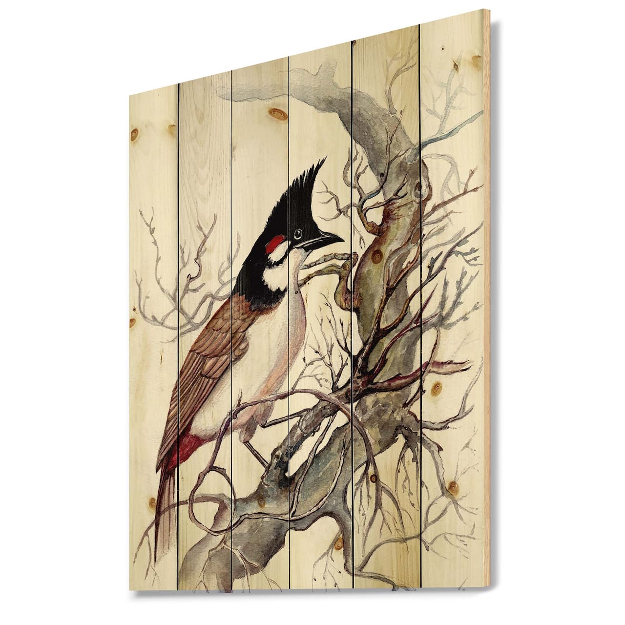 Designart - Vintage Beautiful Bird On A Branch - Traditional Print on Natural Pine Wood